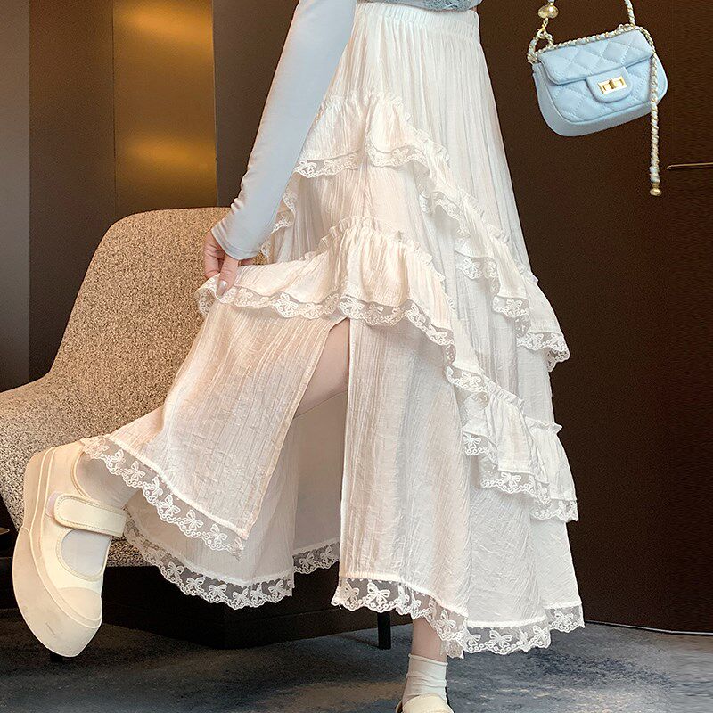 速发白色蕾丝花边半身裙春摆计感高腰叉规则开不a字大设蛋糕裙
