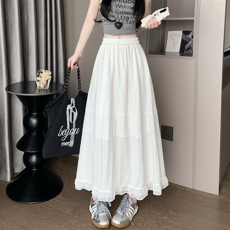 速发白色半身裙夏高季腰大摆垂坠裙小个子a字感休闲半裙长裙子