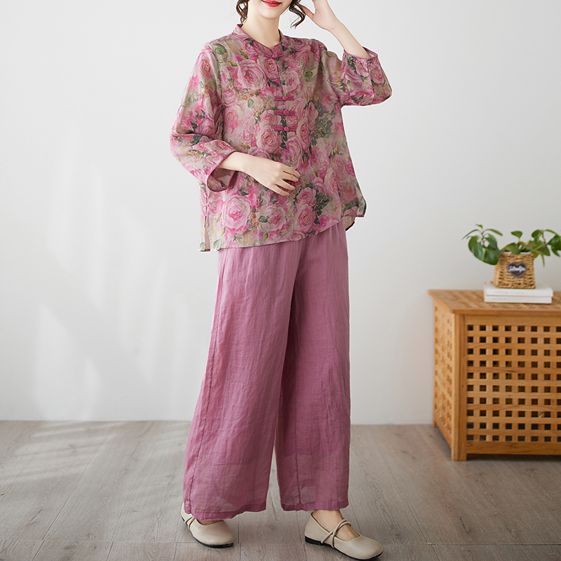 妈妈夏装新中式国风棉麻套装女