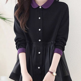 大码 中长款 女2025秋新款 衬衫 胖mm显瘦遮肚洋气假两件上衣 普宁长袖
