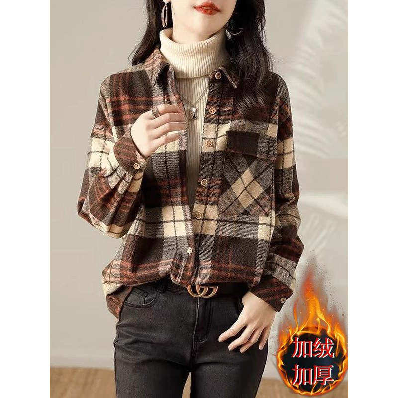 女广东普宁格子衬衫秋冬磨毛加绒
