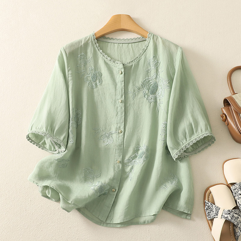 2026夏季新款女中式复古妈妈纯棉短袖衬衫洋气休闲中老年小衫上衣