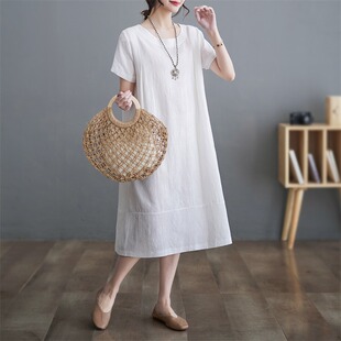 中年妈妈宽松显瘦苎麻裙子2026夏季新款爆款广州十三行棉麻连衣裙