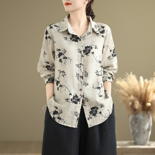 上衣气质减龄亚麻长袖 小衫 衬衣 女早春薄款 中国风印花棉麻翻领衬衫