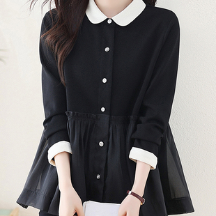 假两件上衣收腰遮肚子宽松显瘦雪纺衫 长袖 2025新款 女春季 裙摆衬衫