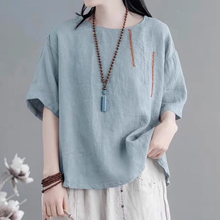 苎麻短袖 妈妈夏装 中老年女装 棉麻上衣女高端亚麻2025夏季 T恤 新款