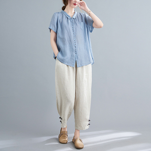 中年妈妈装2026春夏新款中老年夏款棉麻衬衫上衣裤子两件套装洋气
