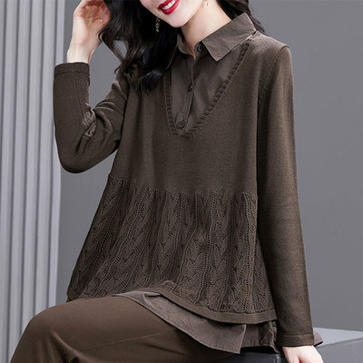 妈妈秋装衬衫女春秋款假两件上衣