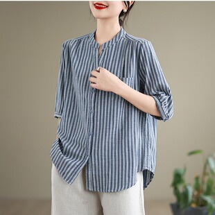 纯棉条纹短袖衬衫女士夏季薄款妈妈夏装洋气时尚高端棉麻棉绸上衣