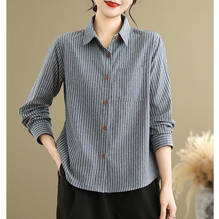 棉麻条纹长袖衬衫女2025秋季新款宽松翻领休闲百搭衬衣妈妈装上衣,女装/女士精品,衬衫,淘宝优惠券,粉丝福利购,淘宝优惠卷