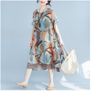 200斤妈妈雪纺短袖 遮肚子藏肉显瘦胖mm加肥加大码 连衣裙 新款 夏季