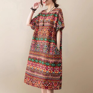 棉麻棉绸连衣裙女夏季2026新款洋气妈妈大码胖mm直筒三亚沙滩裙子