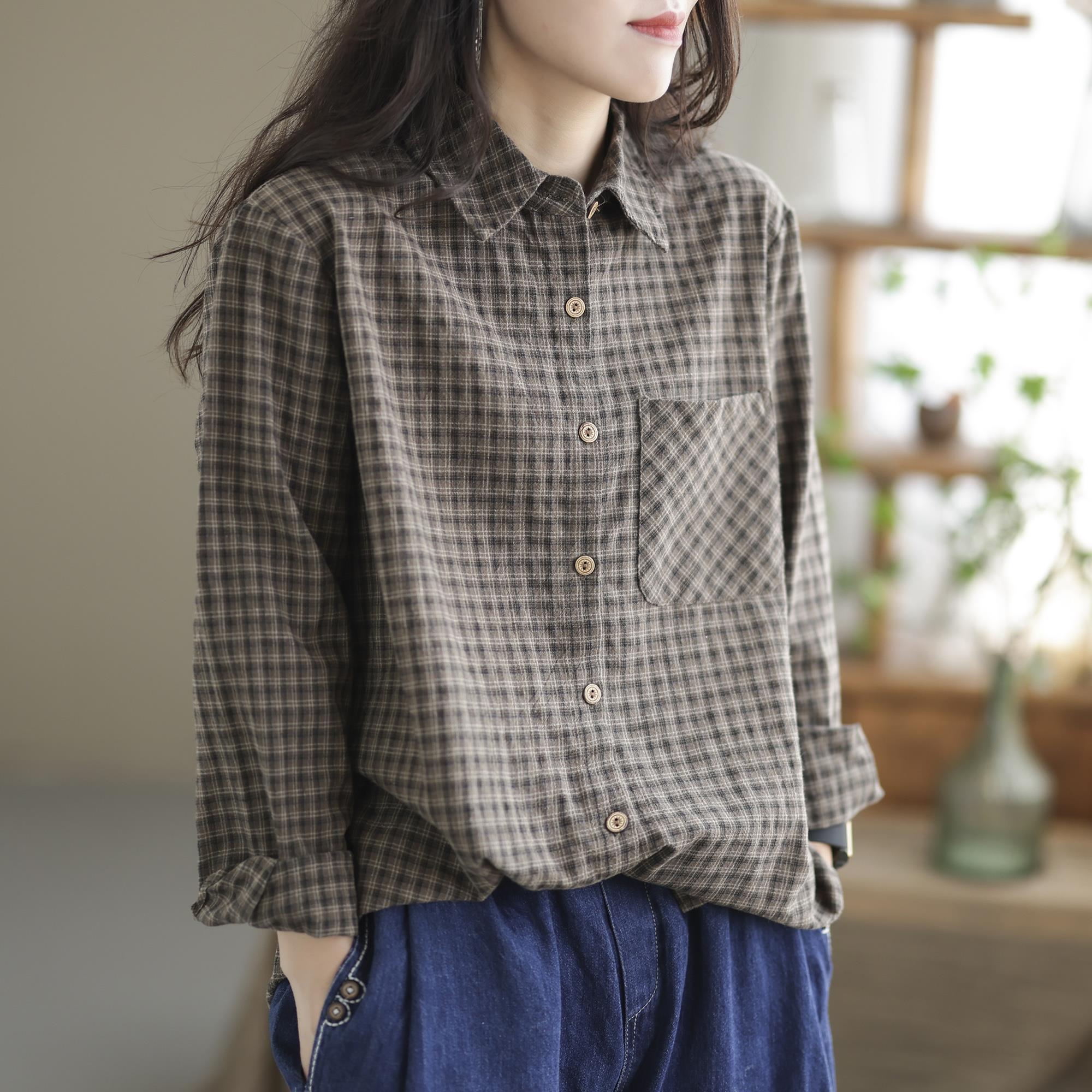 女士高端棉麻格子衬衣