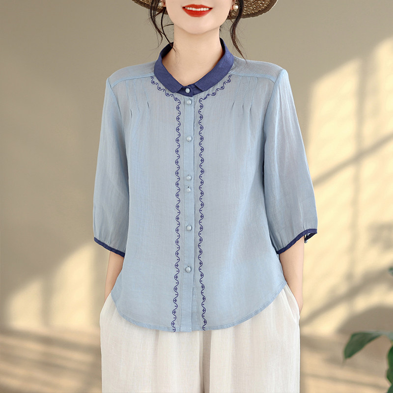 高端刺绣苎麻衬衫女夏季宽松显瘦撞色翻领五分袖轻薄小衫麻料上衣