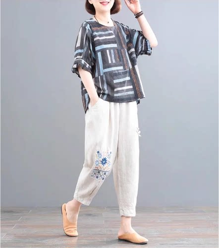 夏季妈妈短袖两件套装中年女装