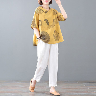 妈妈夏装棉麻休闲套装女