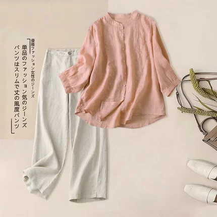 棉麻亚麻休闲套装女士春秋季2025新款中年妈妈大码高端苎麻两件套