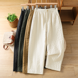 休闲纯色高腰显瘦长裤 夹棉保暖阔腿裤 女冬季 日系文艺条纹哈伦棉裤
