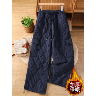 冲锋裤 高腰显瘦宽松束脚工装 女外穿冬大码 藏青色加厚抗寒保暖棉裤