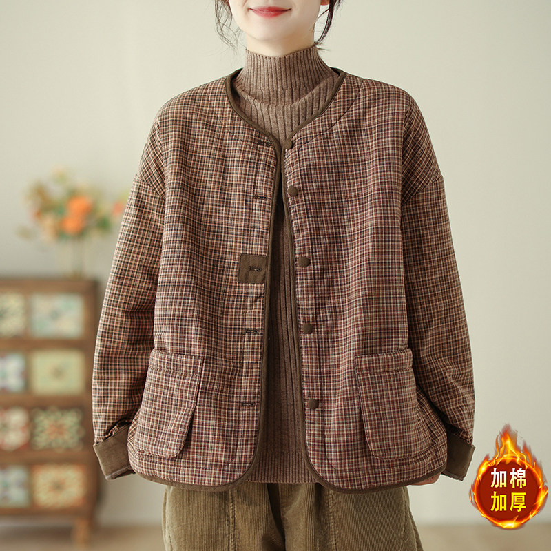 夹棉轻薄棉衣棉服外套女秋冬2026新款冬季妈妈格子二棉女士小棉袄