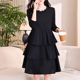 黑色蛋糕裙胖mm连衣裙春新款 显瘦胖妈妈A字遮肚 雪纺拼接长袖 大码