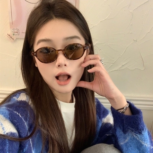 日式复古书呆子眼镜猫眼豹纹椭圆防紫外线太阳镜ins街拍墨镜女