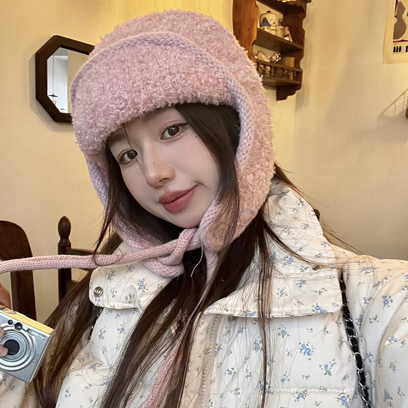 羊羔毛雷锋帽女秋冬季羊羔毛绒保暖护耳帽巴拉克拉法可爱帽子