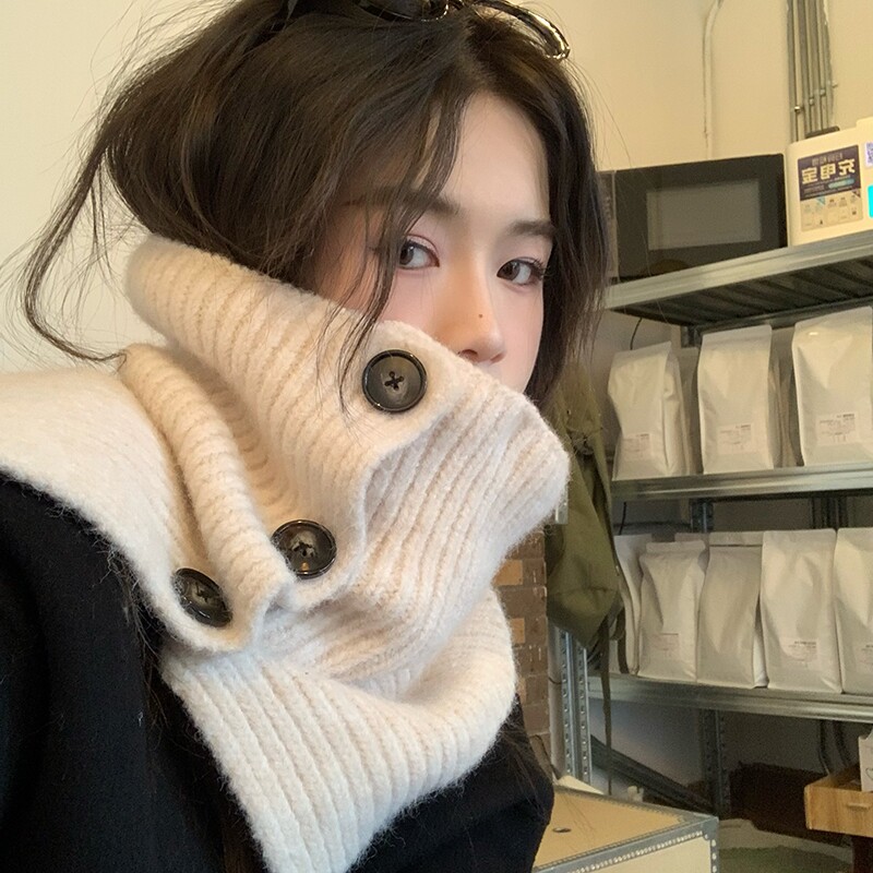 脖套女洋气针织套头围脖高领加厚保暖纽扣围巾秋冬纯色护颈假领