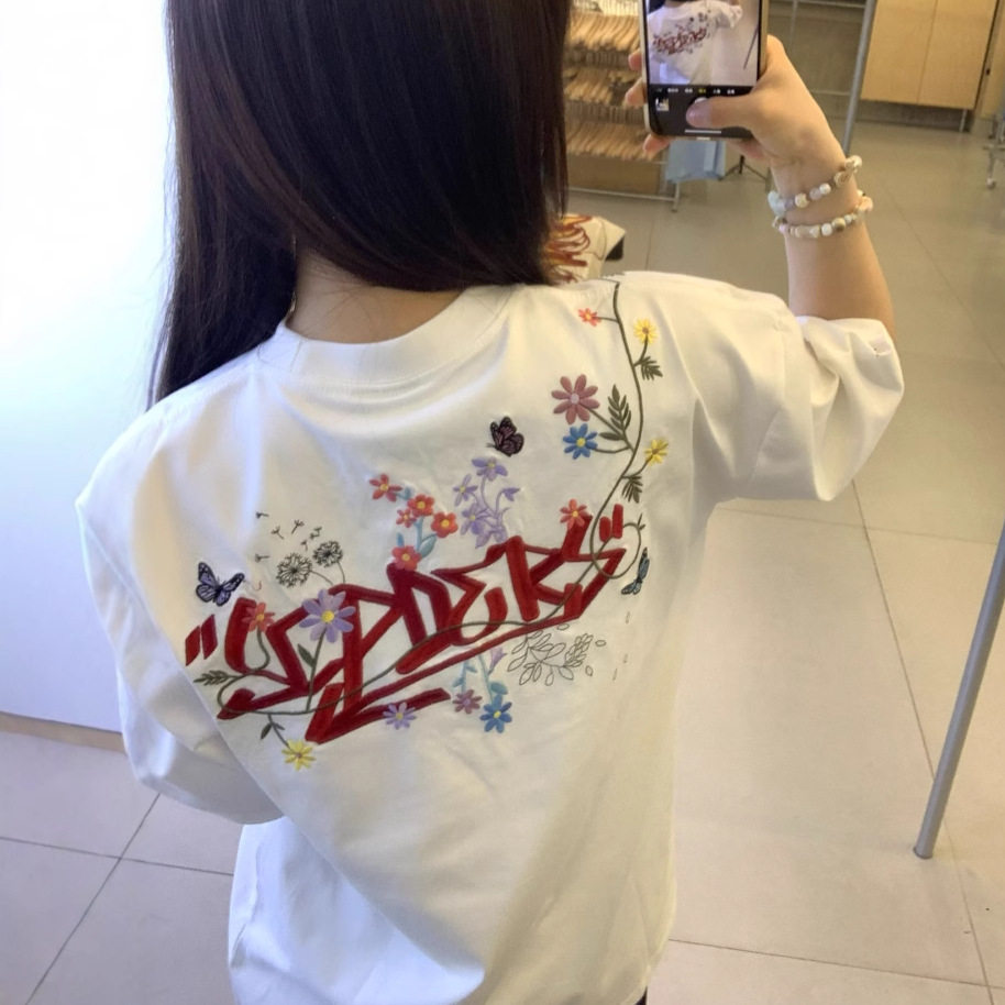 美式高街花卉刺绣正肩短袖t恤男女夏季初中学生休闲情侣半袖上衣