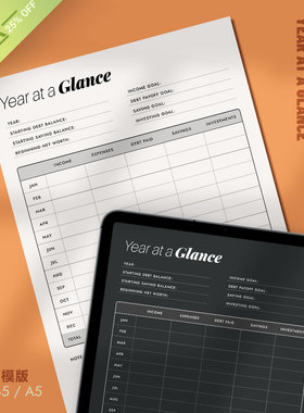 财务|年复盘YearAtAGlance可打印手账目标财务自由收支表投资储蓄