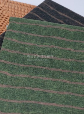 抹茶绿深灰色20支纯棉竖条纹印花布料 筋骨感春夏复古连衣裙面料