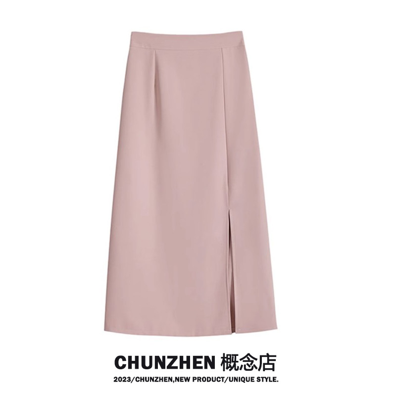 CHUNZHEN 슬릿 핑크 쉬폰 스커트 여성용 여름 신작 하이 웨이스트 중간 길이 힙 커버 A라인 스커트
