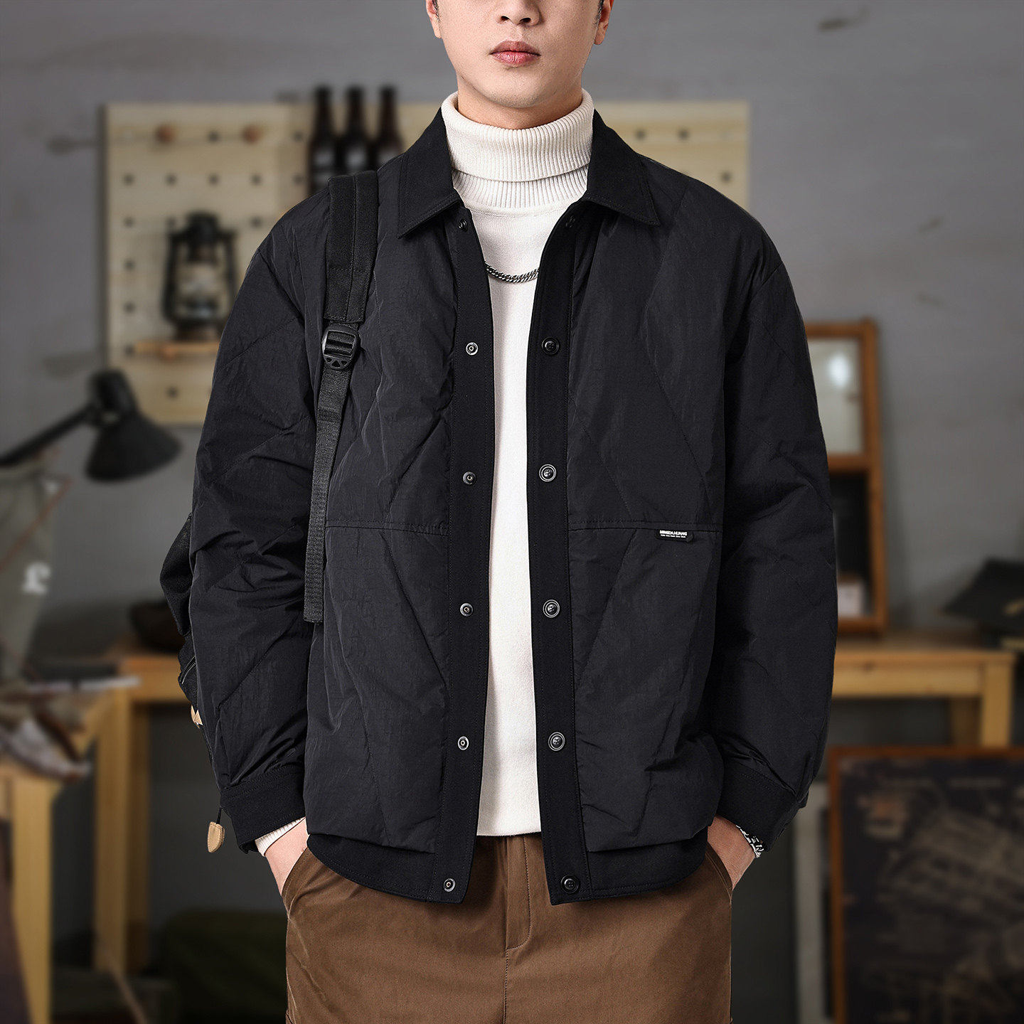 冬季新款衬衫式拼接羽绒服男2026假两件轻薄棉服白鸭绒保暖外套潮