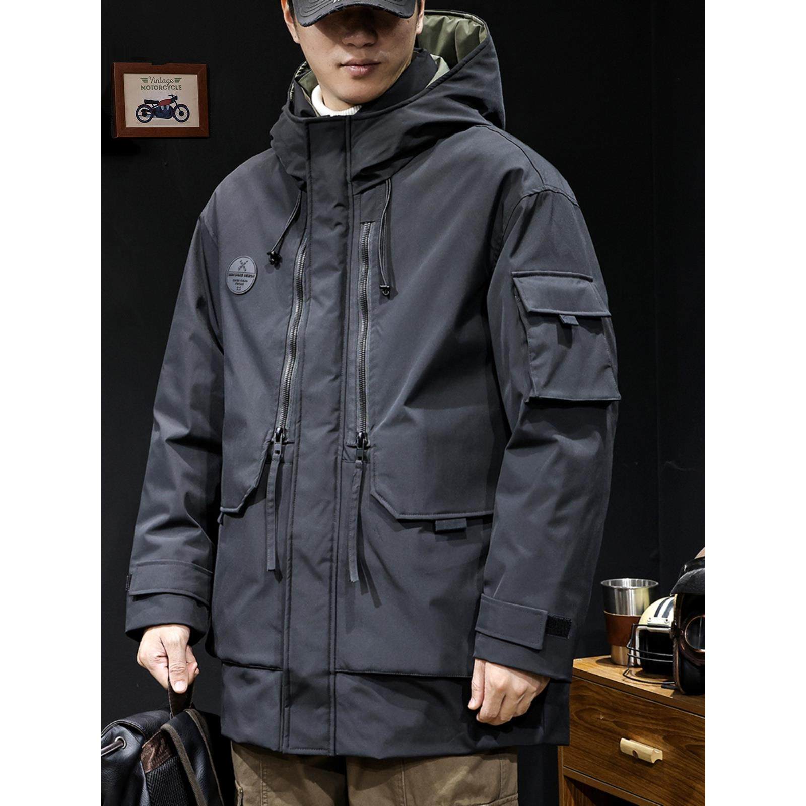 白鸭绒羽绒服男冬季2025新款加厚保暖中长款连帽男士工装外套大码