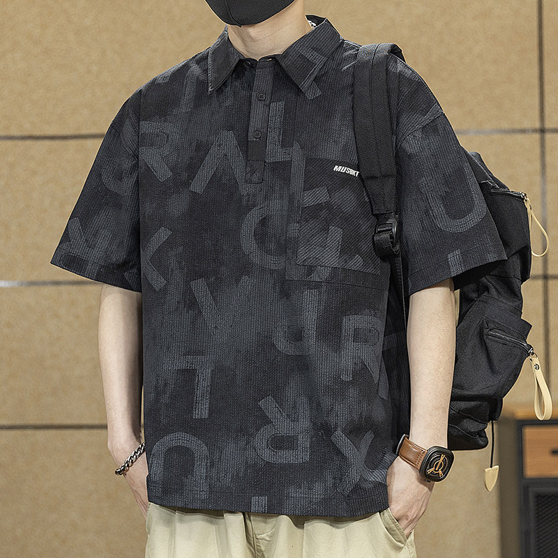 高端美式复古泡泡肌理感polo衫男夏季薄款宽松短袖男印花速干体恤