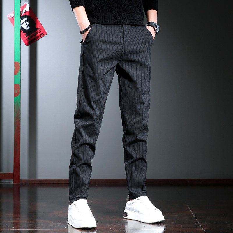 高端休闲小西裤男商务工作裤黑色抗皱春秋季男士条纹西装裤子百搭