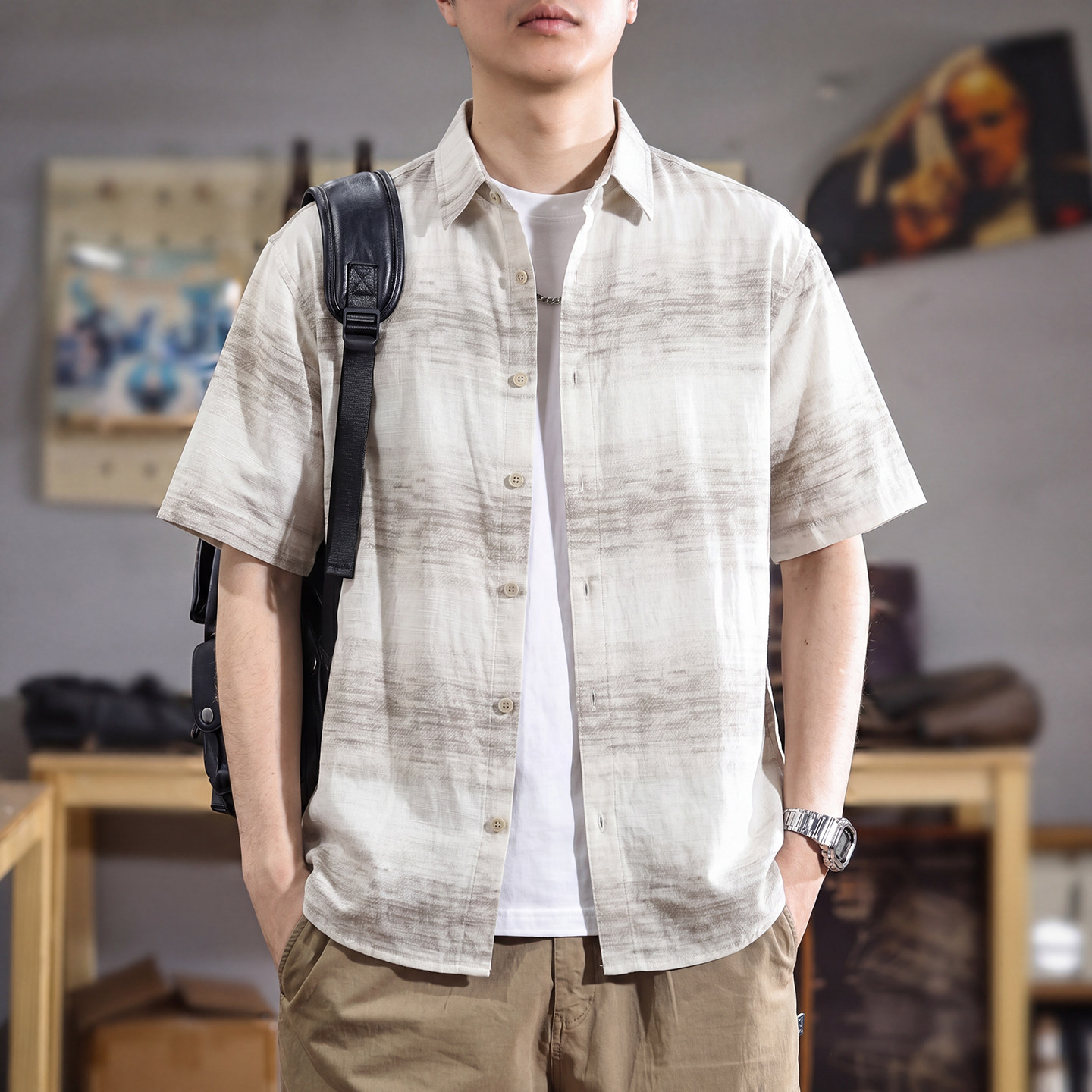 美式复古渐变晕染短袖衬衫男夏季冰丝亚麻老钱风透气轻薄开衫衬衣
