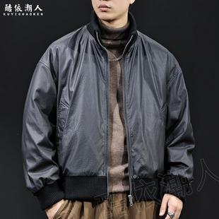 哈密瓜纹理皮料简约休闲风立领短款羽绒服男冬保暖高级感时尚外套