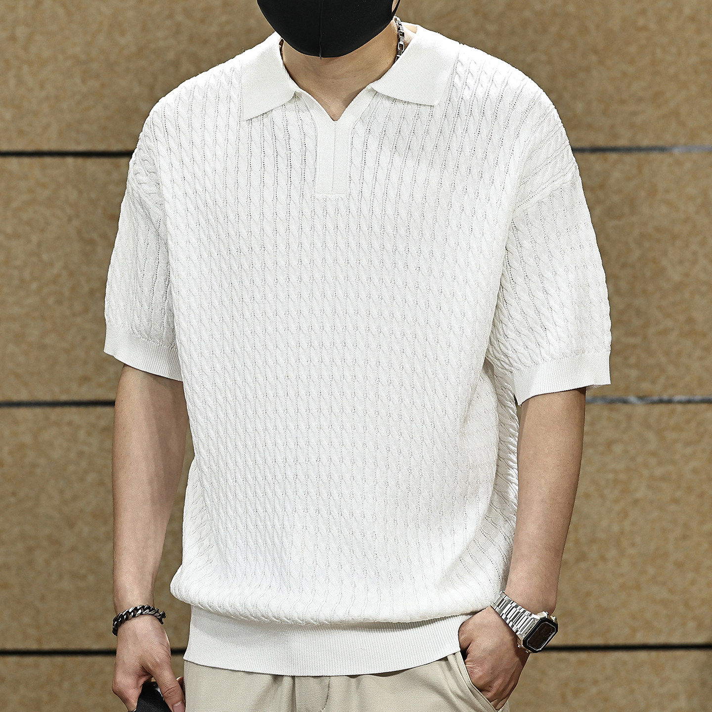 老钱风绞花编织肌理感针织短袖POLO衫男夏季新款休闲翻领半袖T恤