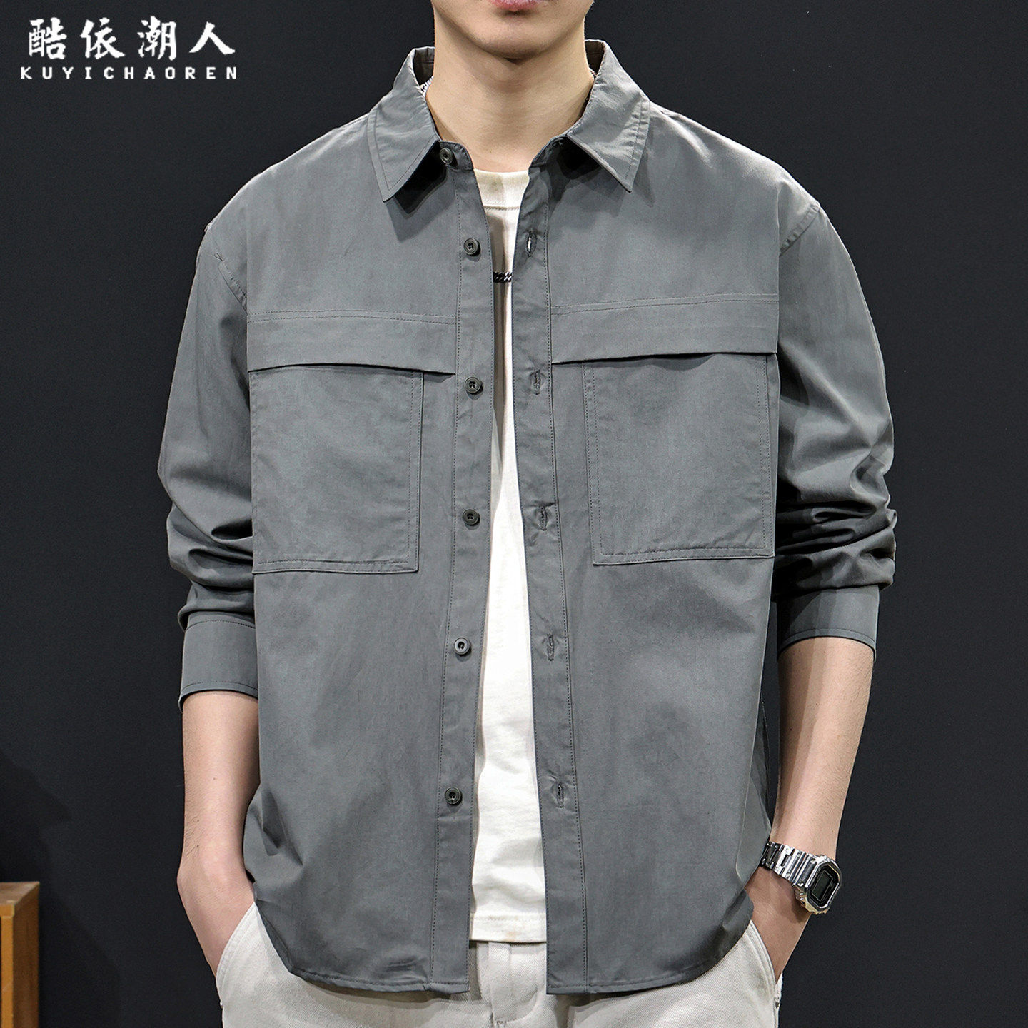 工装风翻领长袖衬衫男宽松多口袋潮男穿搭休闲衬衣