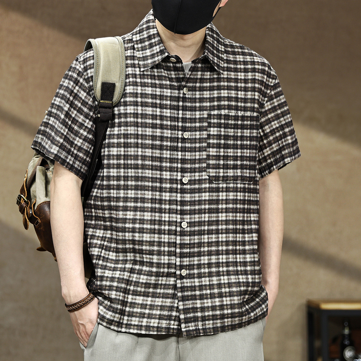 美式莱赛尔混纺复古格子短袖衬衫男士夏季翻领衬衫百搭休闲外套潮