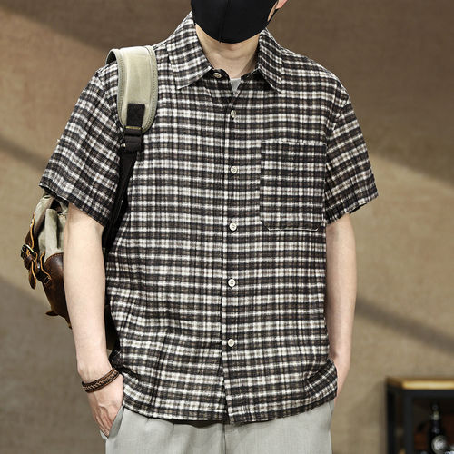 美式莱赛尔混纺复古格子短袖衬衫男士夏季翻领衬衫百搭休闲外套潮
