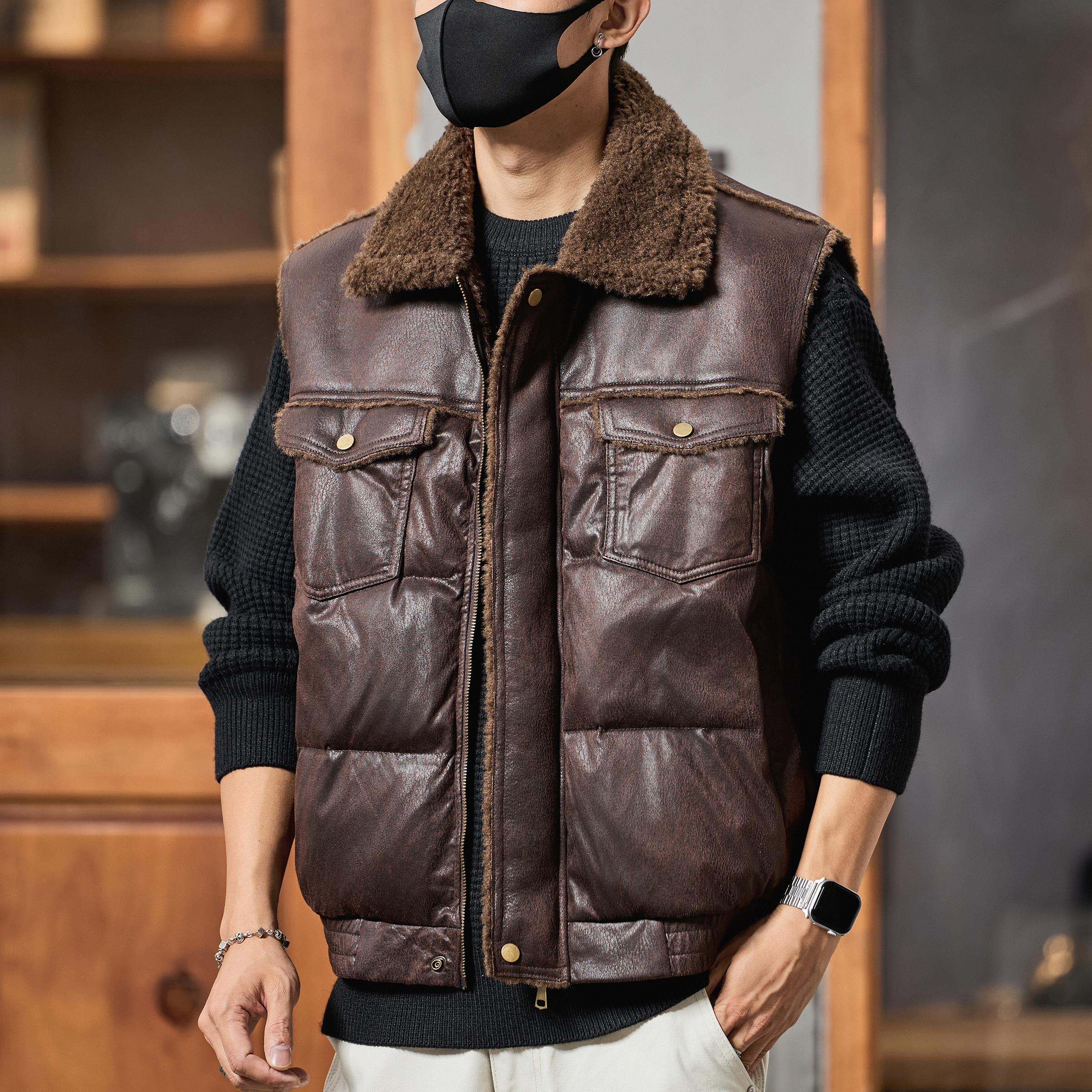 美式羊羔毛领皮衣马甲男2025冬季保暖休闲背心拉链外套高级感棉衣