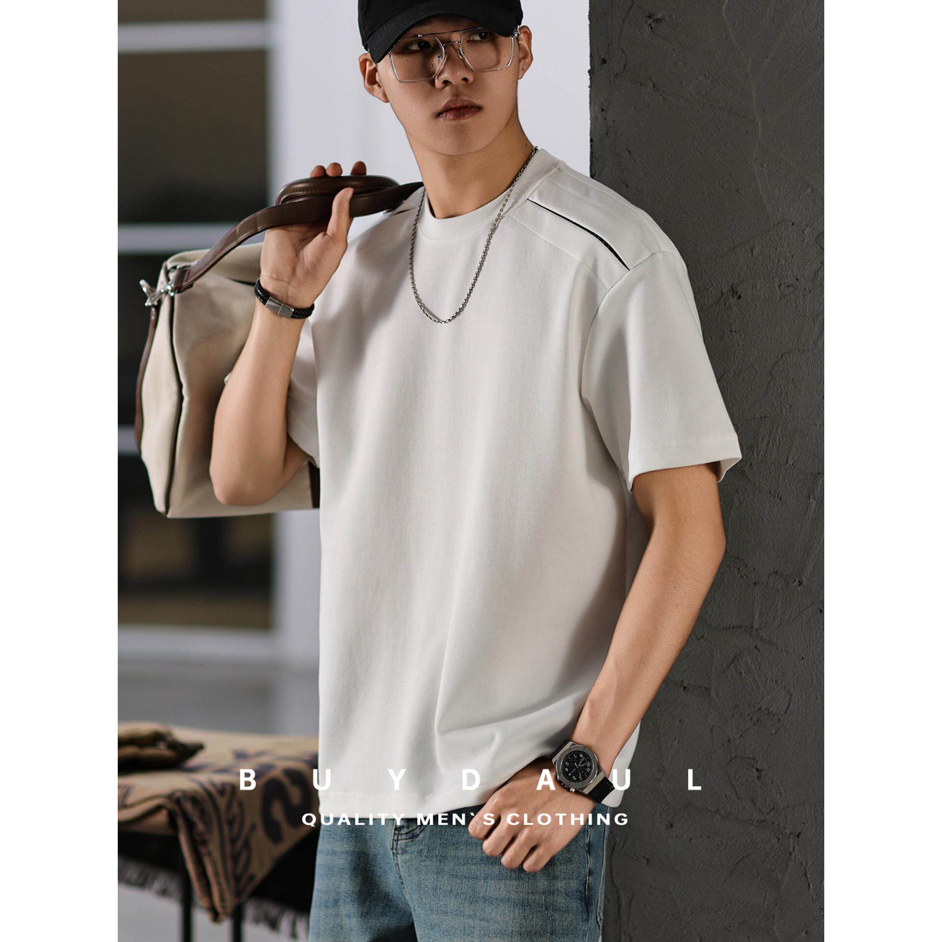 白色短袖T恤男士2026夏季新款宽松纯色简约休闲镂空拼接圆领上衣