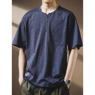 复古竹节棉亨利领短袖 男夏季 高端美式 Polo衫 T恤上衣 薄款 宽松半袖