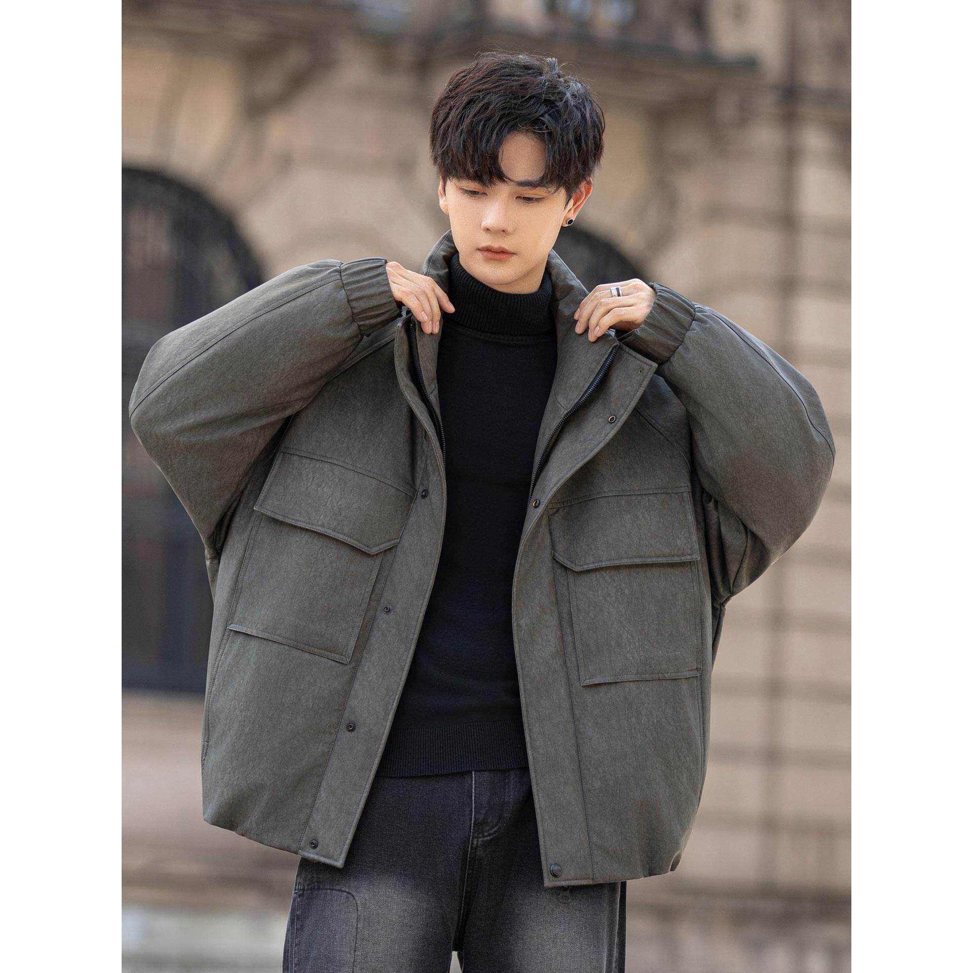 冬季工装羽绒服男加厚保暖外套男士休闲上衣立领白鸭绒男款皮夹克