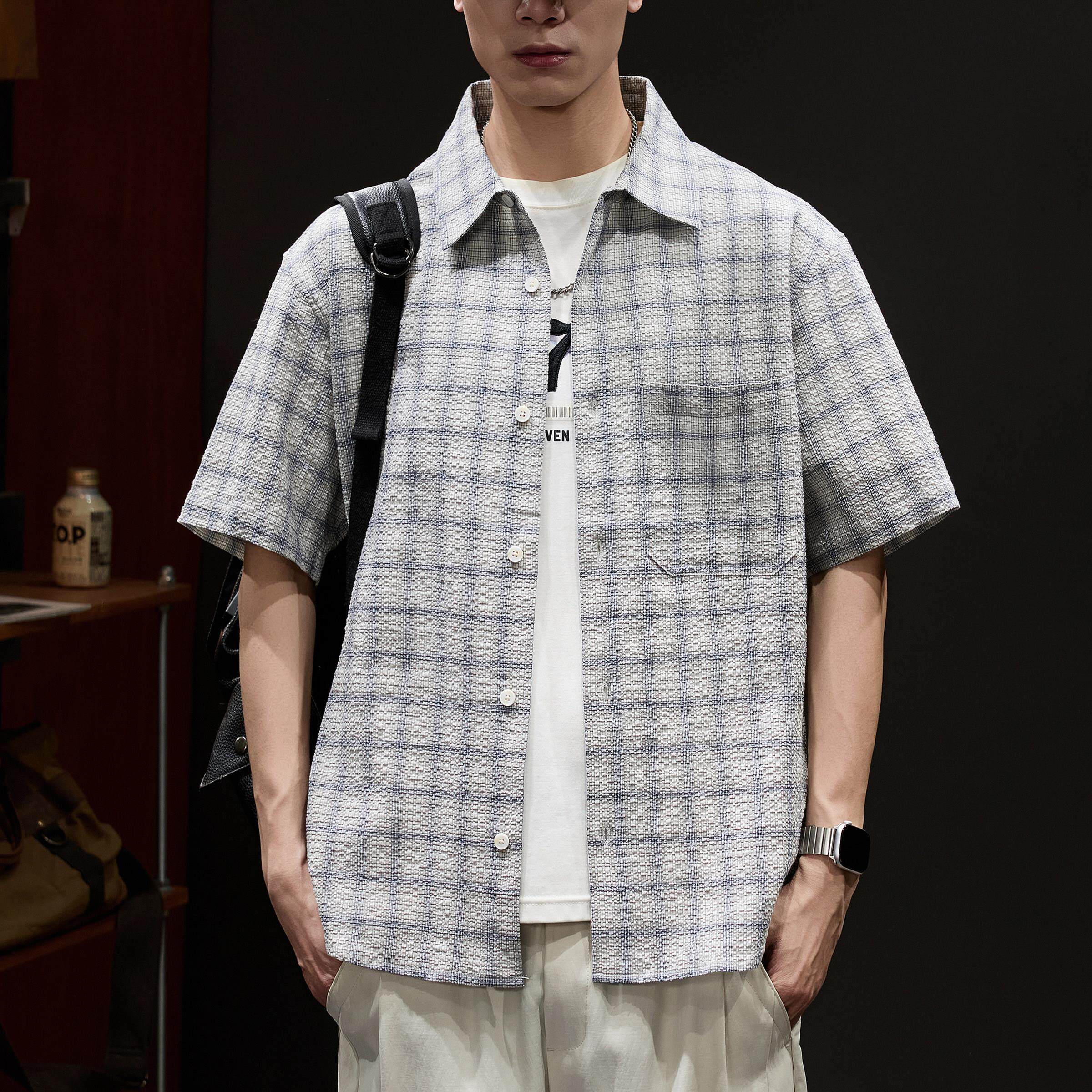 专柜高级感轻质泡泡纱肌理冰丝格子短袖衬衫男士2026新款休闲衬衣