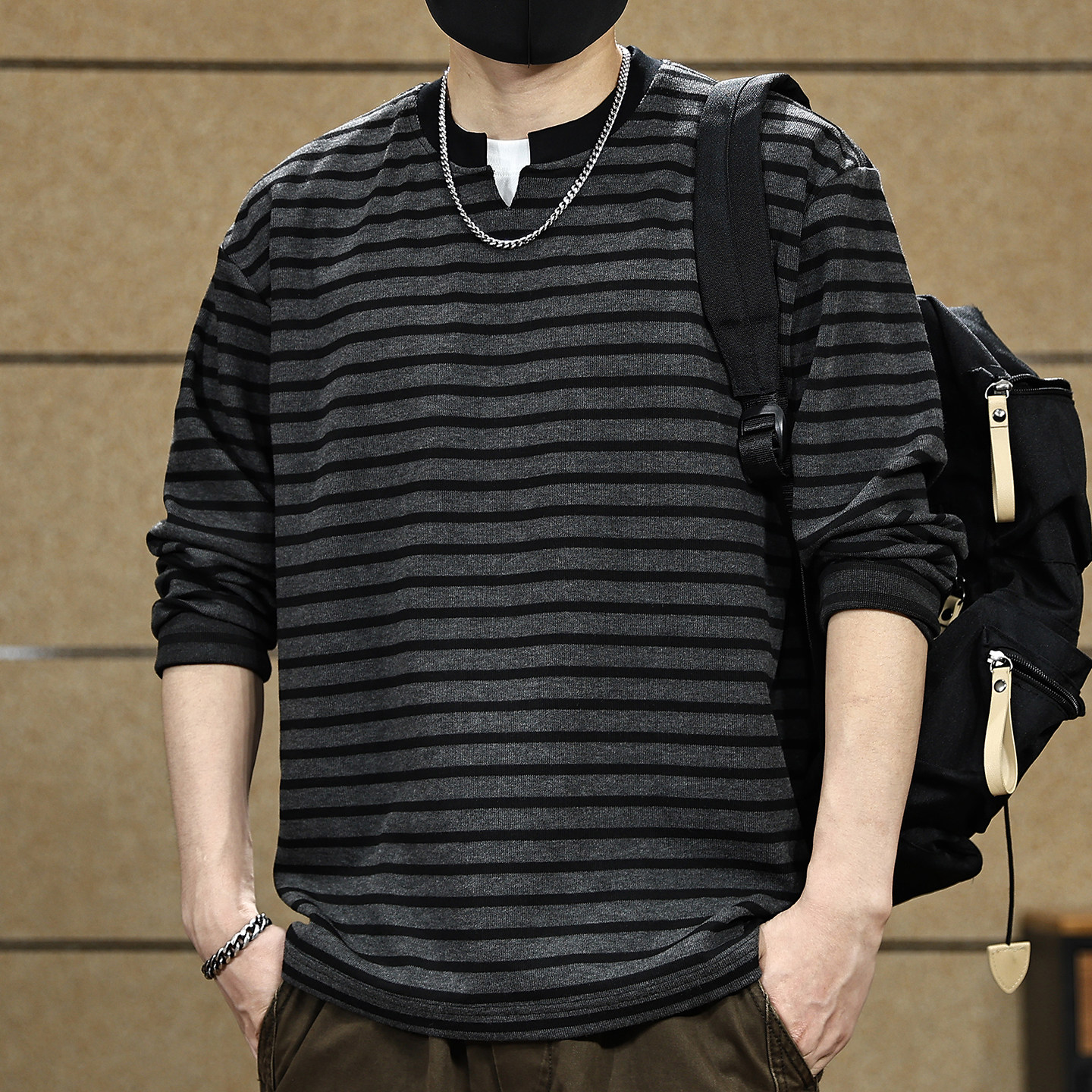 美式280g重磅条纹长袖t恤男春季2026新款宽松潮牌慵懒打底V领上衣