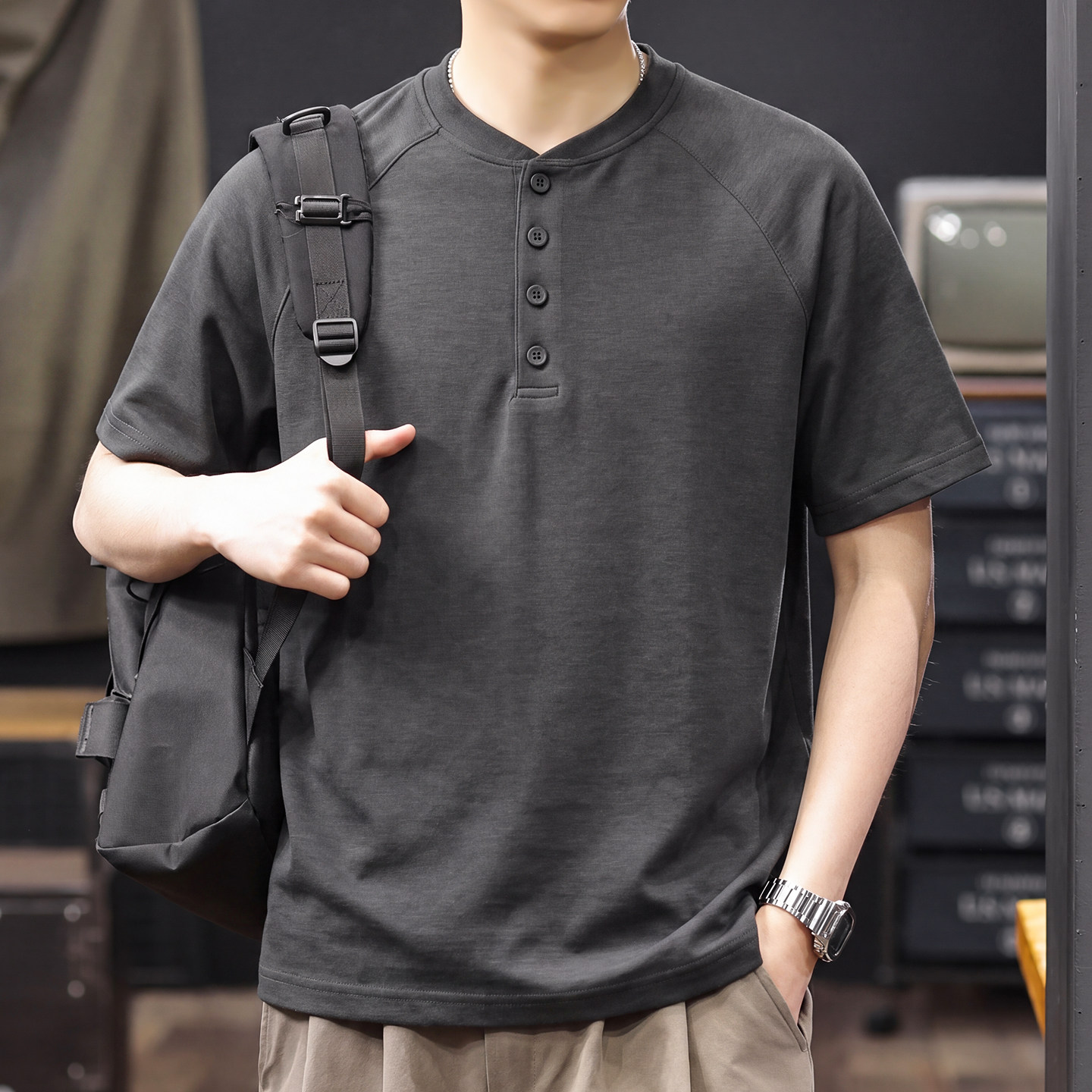 凉感清爽透气莫代尔短袖POLO衫男2026夏季男士休闲通勤亨利领T恤