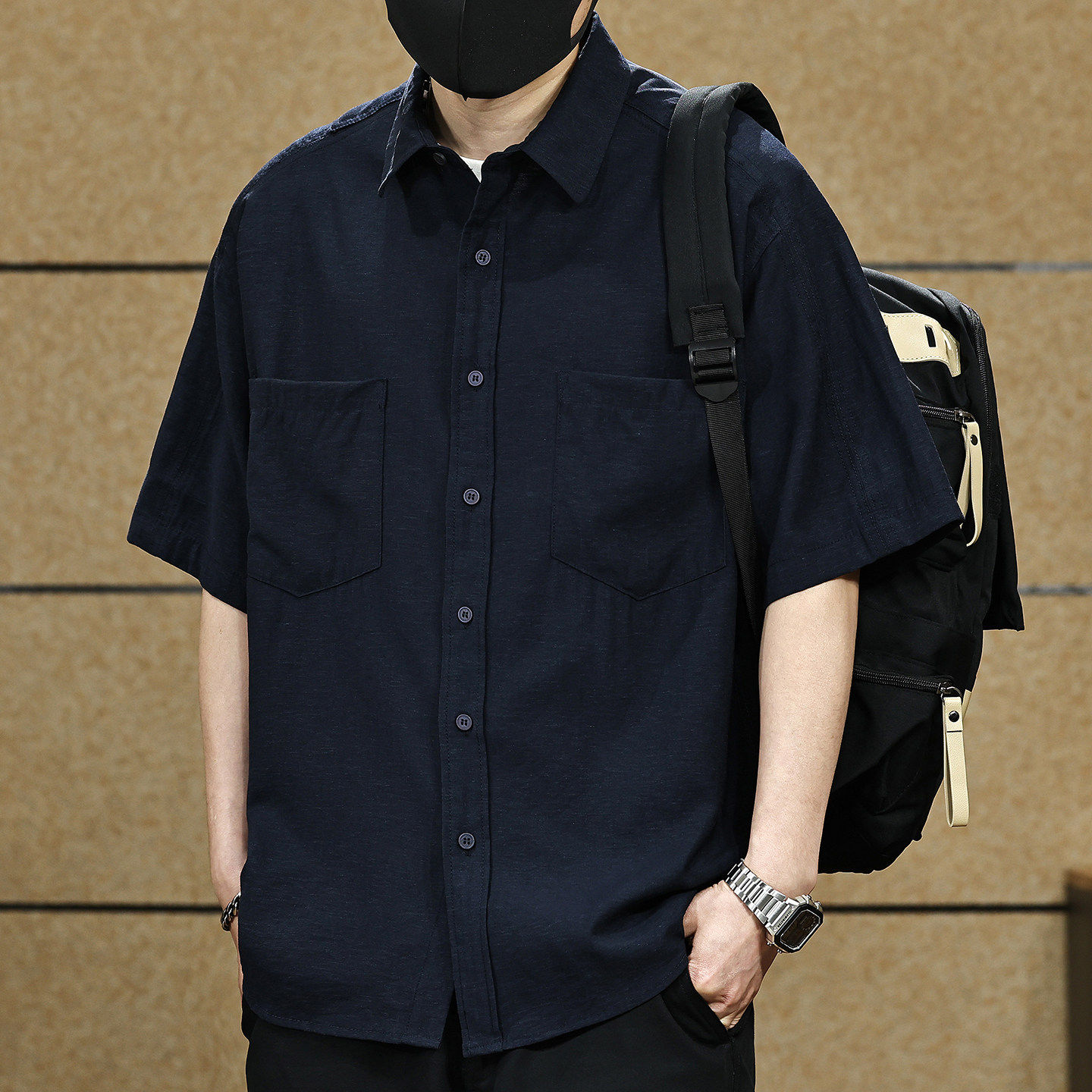 美式莱赛尔亚麻凉感透气短袖衬衫男夏季新款宽松潮牌休闲工作服衬